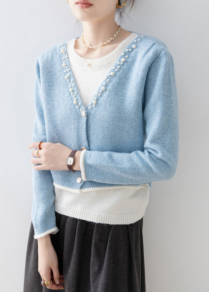 Classy Blue V Neck Nail Bead Patchwork False Two Pieces Knit Sweaters Spring