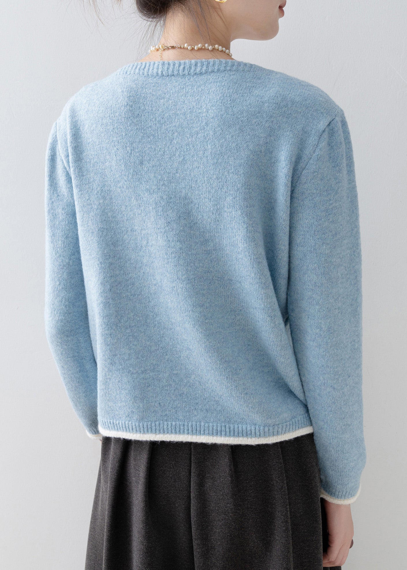 Classy Blue V Neck Nail Bead Patchwork False Two Pieces Knit Sweaters Spring