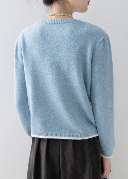 Classy Blue V Neck Nail Bead Patchwork False Two Pieces Knit Sweaters Spring