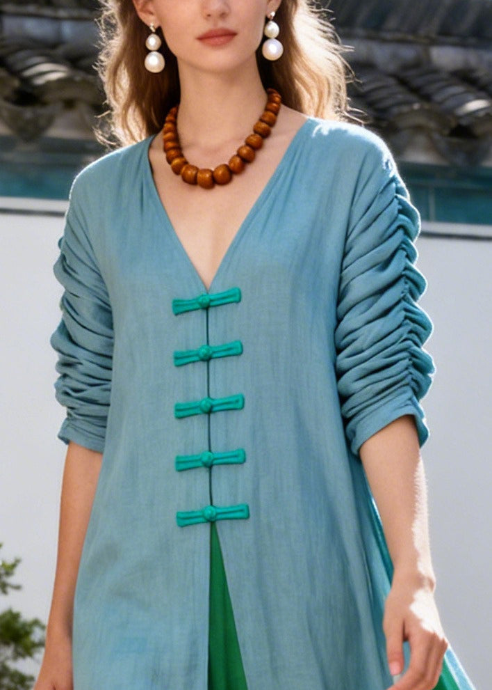 Classy Blue V Neck Patchwork Chinese Button Cotton Robe Dresses Summer