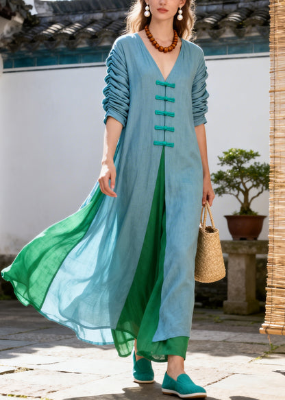 Classy Blue V Neck Patchwork Chinese Button Cotton Robe Dresses Summer
