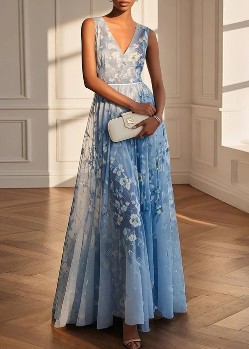 Classy Blue V Neck Print Patchwork Tulle Maxi Dresses Sleeveless