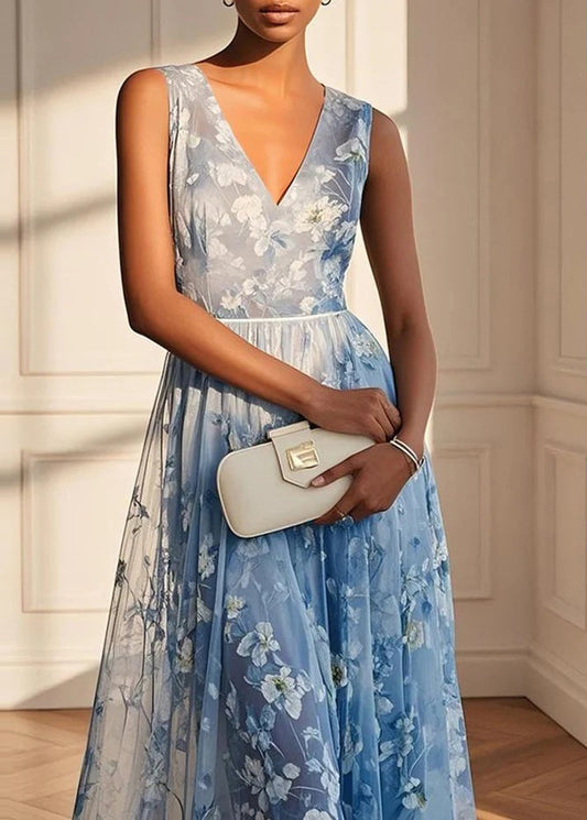 Classy Blue V Neck Print Patchwork Tulle Maxi Dresses Sleeveless