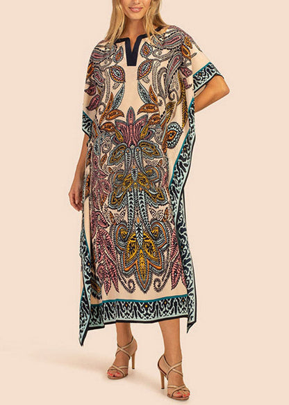 Classy Blue V Neck Print Side Open Long Beach Dress Summer