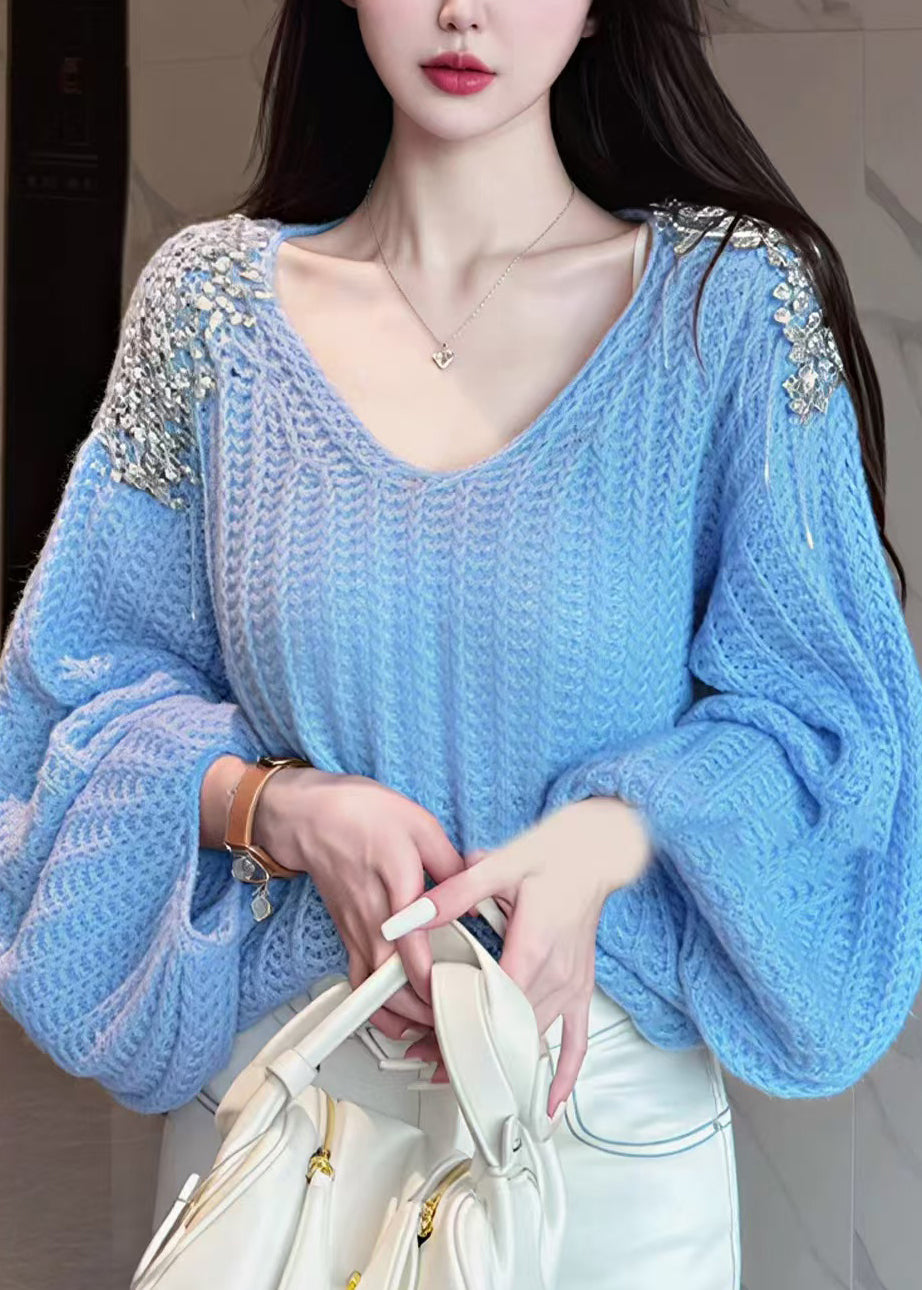 Classy Blue V Neck Sequins Knit Sweater Lantern Sleeve