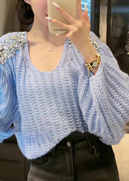 Classy Blue V Neck Sequins Knit Sweater Lantern Sleeve