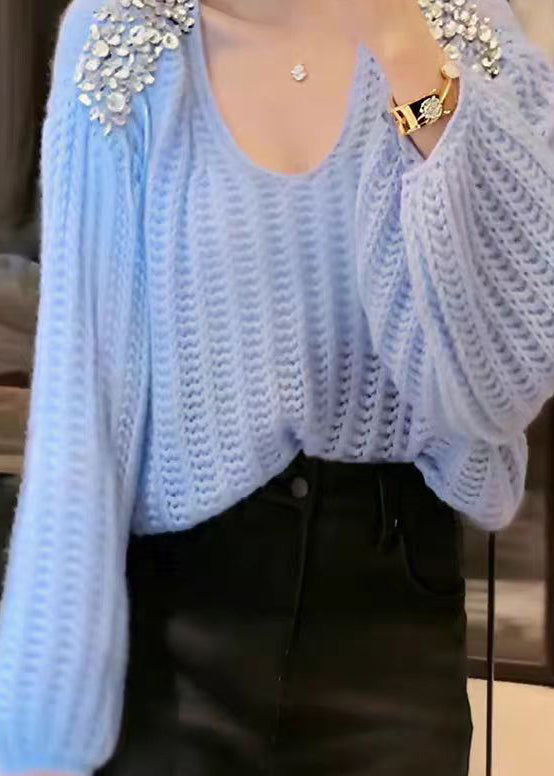 Classy Blue V Neck Sequins Knit Sweater Lantern Sleeve