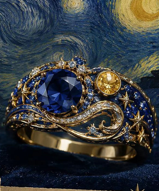 Classy Blue Zircon Alloy Enamel Starry Night Open Rings
