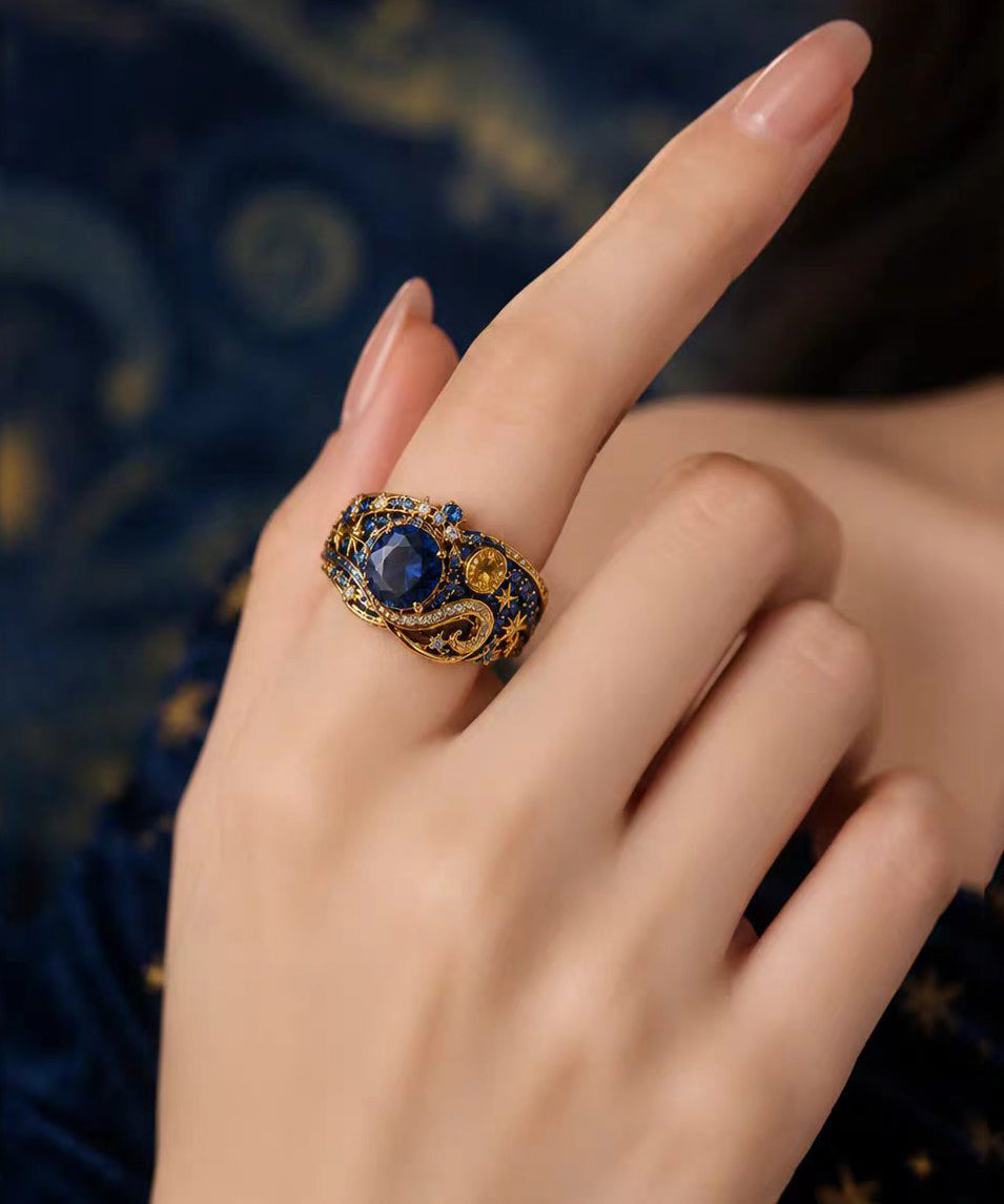 Classy Blue Zircon Alloy Enamel Starry Night Open Rings