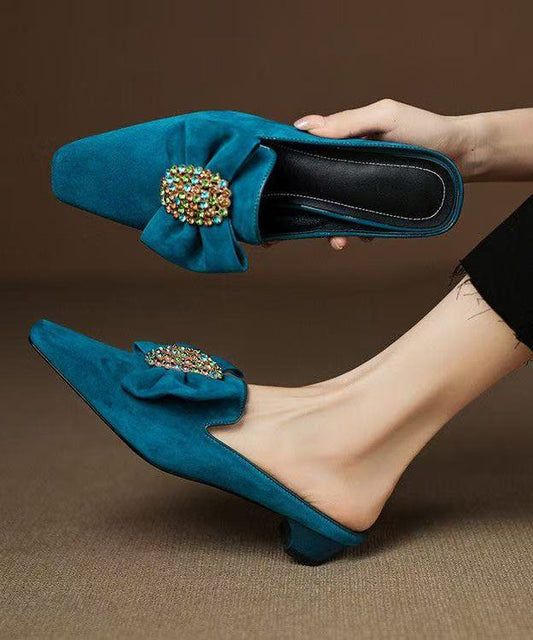 Classy Bow Zircon Splicing Chunky Blue Suede Slide Sandals