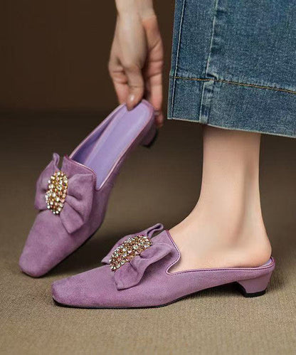 Classy Bow Zircon Splicing Chunky Blue Suede Slide Sandals