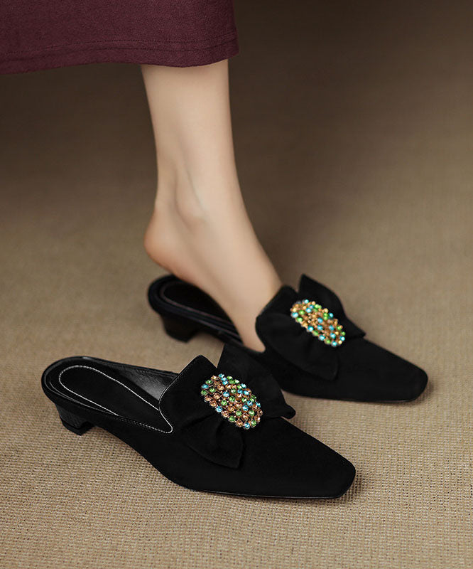 Classy Bow Zircon Splicing Chunky Blue Suede Slide Sandals