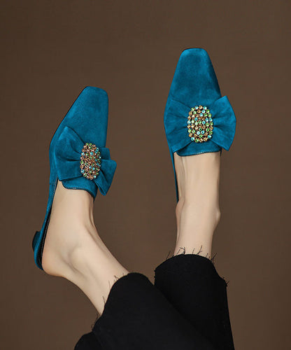 Classy Bow Zircon Splicing Chunky Blue Suede Slide Sandals