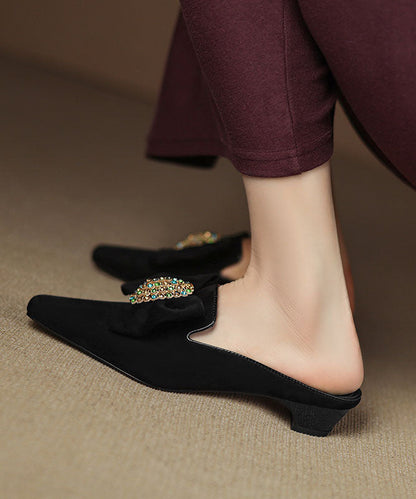Classy Bow Zircon Splicing Chunky Blue Suede Slide Sandals