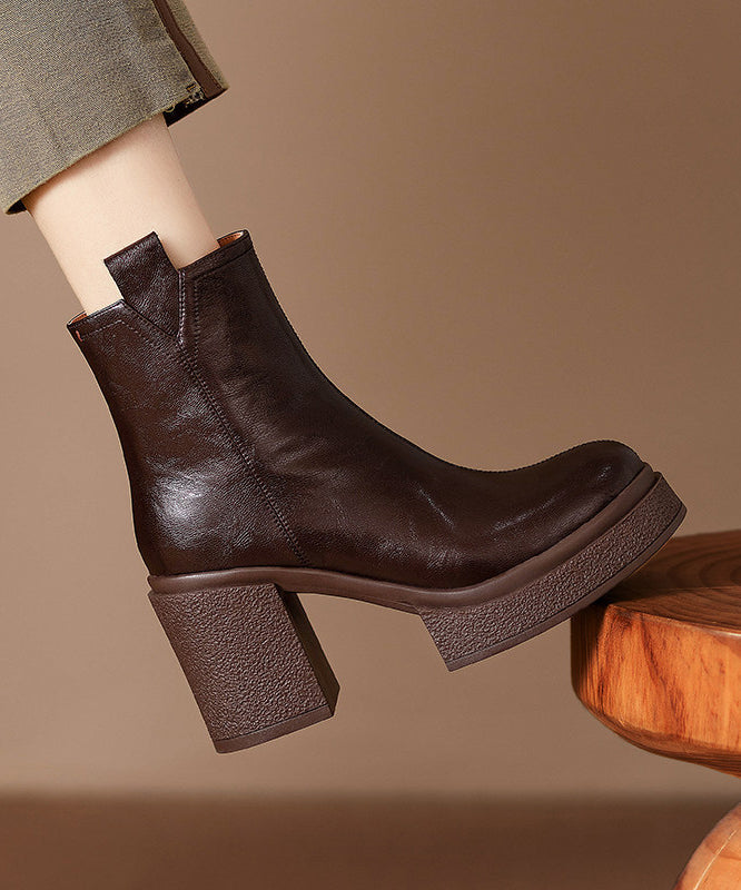 Classy Brown Chunky Heel Cowhide Leather Splicing Boots