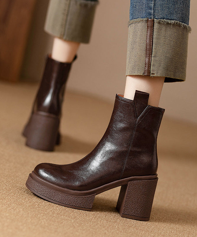 Classy Brown Chunky Heel Cowhide Leather Splicing Boots
