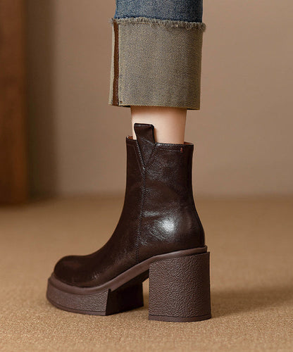 Classy Brown Chunky Heel Cowhide Leather Splicing Boots