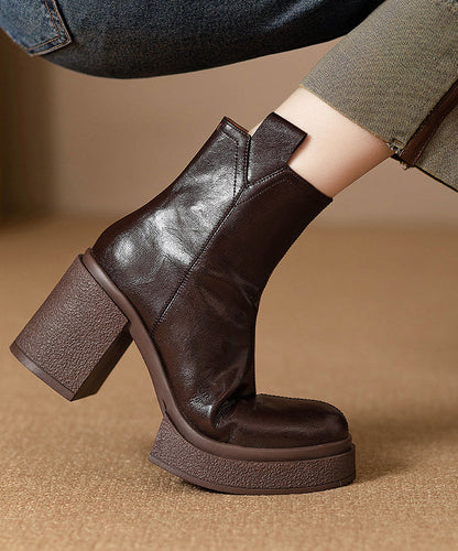Classy Brown Chunky Heel Cowhide Leather Splicing Boots