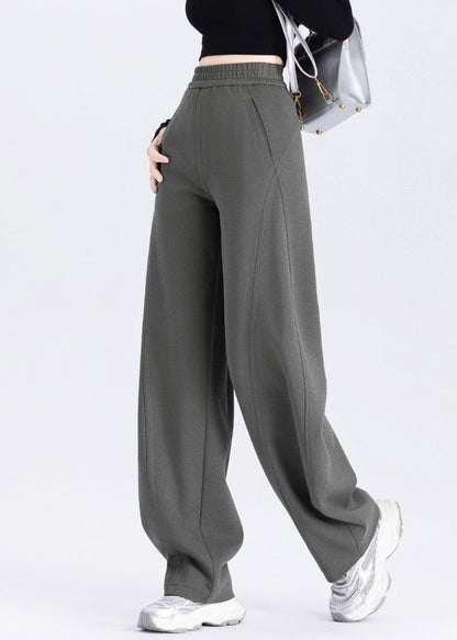 Classy Brown Elastic Waist Cotton Straight Pants Spring