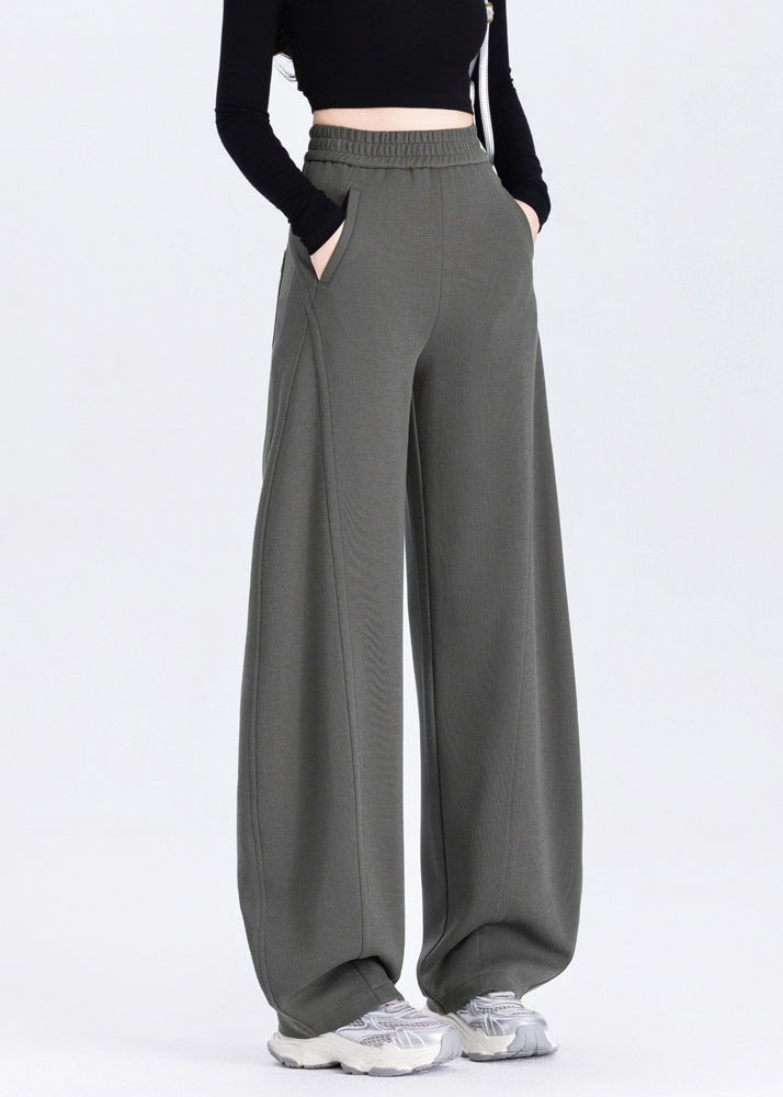 Classy Brown Elastic Waist Cotton Straight Pants Spring