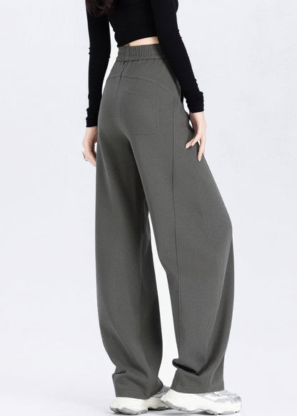Classy Brown Elastic Waist Cotton Straight Pants Spring