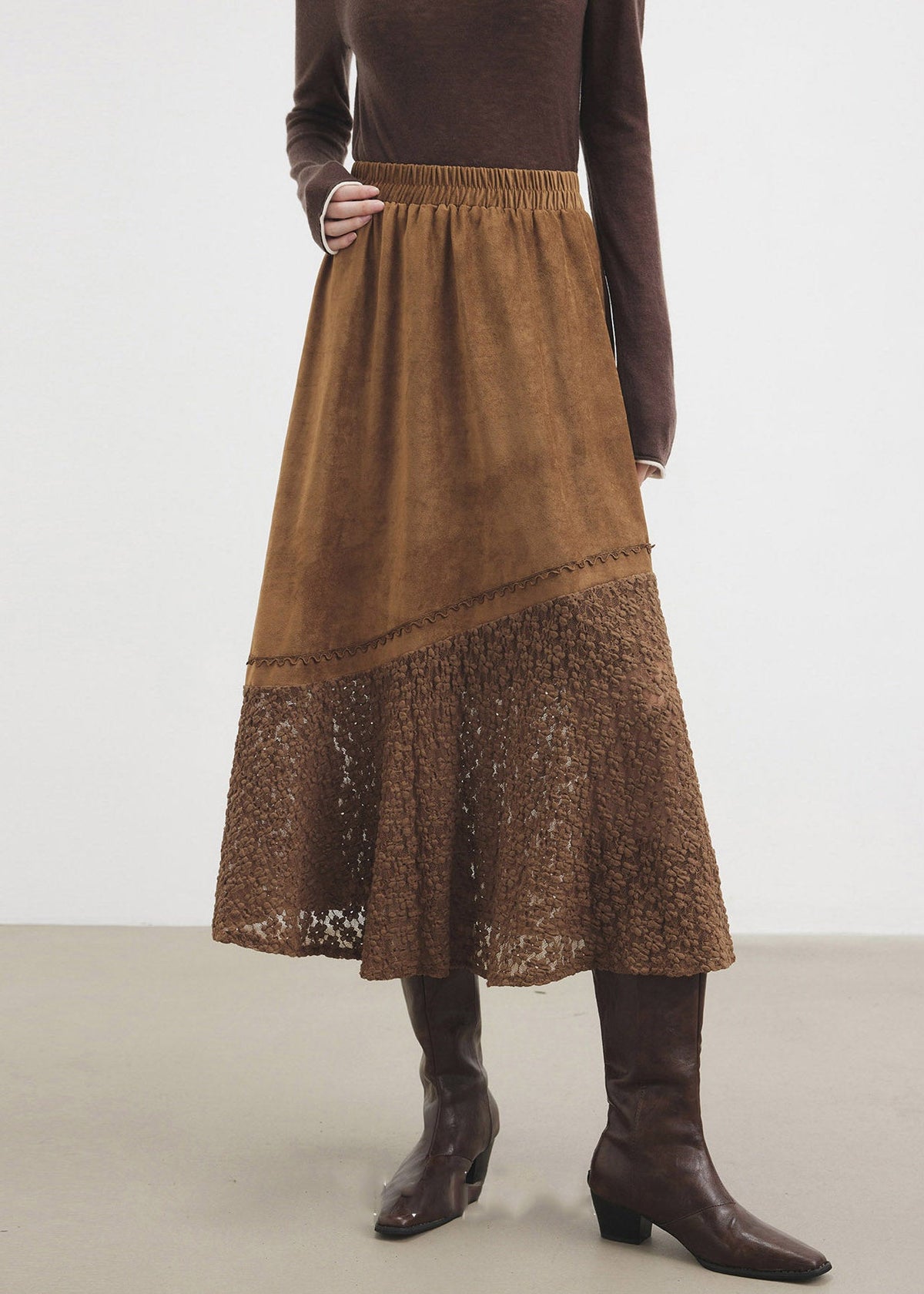 Classy Brown Lace Patchwork Faux Suede A Line Skirt Fall