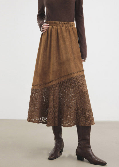 Classy Brown Lace Patchwork Faux Suede A Line Skirt Fall