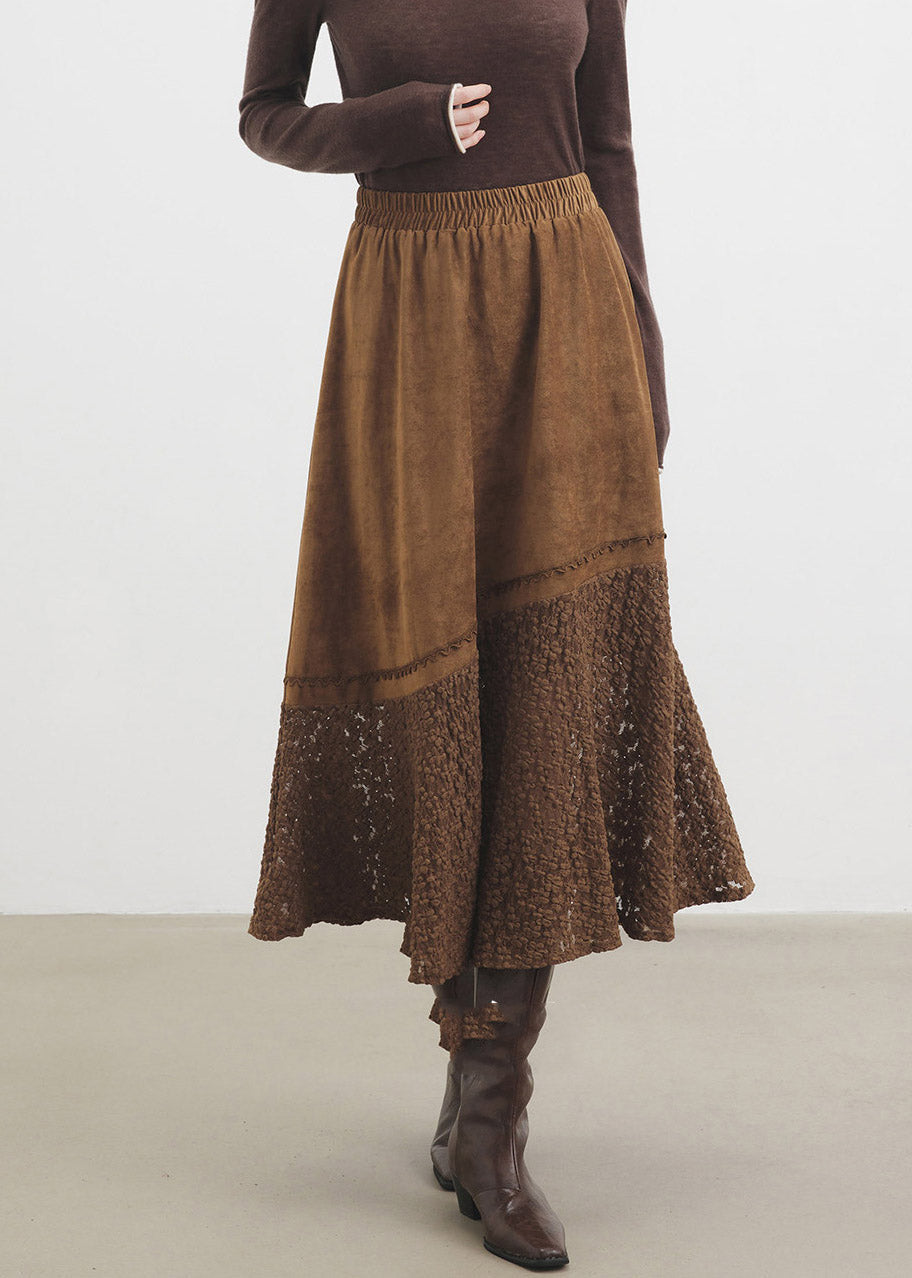 Classy Brown Lace Patchwork Faux Suede A Line Skirt Fall