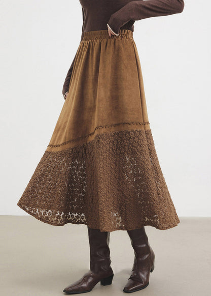 Classy Brown Lace Patchwork Faux Suede A Line Skirt Fall