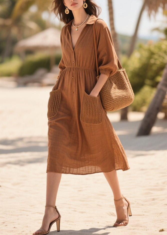 Classy Brown Peter Pan Collar Patchwork Pockets Cotton Dress Summer
