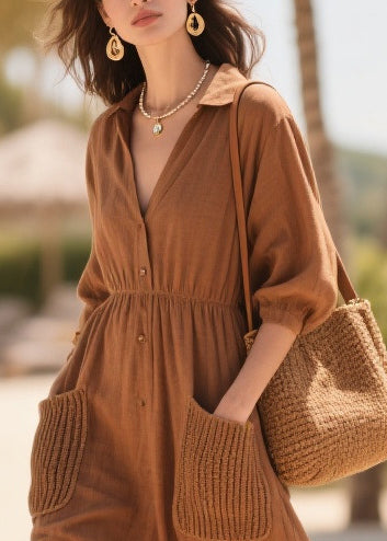 Classy Brown Peter Pan Collar Patchwork Pockets Cotton Dress Summer
