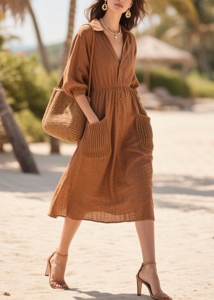 Classy Brown Peter Pan Collar Patchwork Pockets Cotton Dress Summer