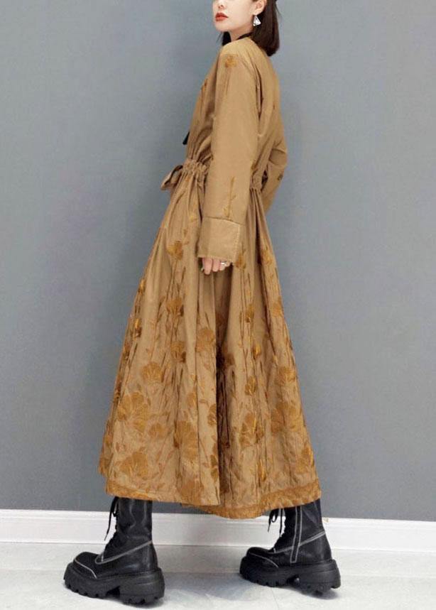Classy Brown Pockets Tie Waist Embroideried Fall Long Sleeve Long Dress - SooLinen