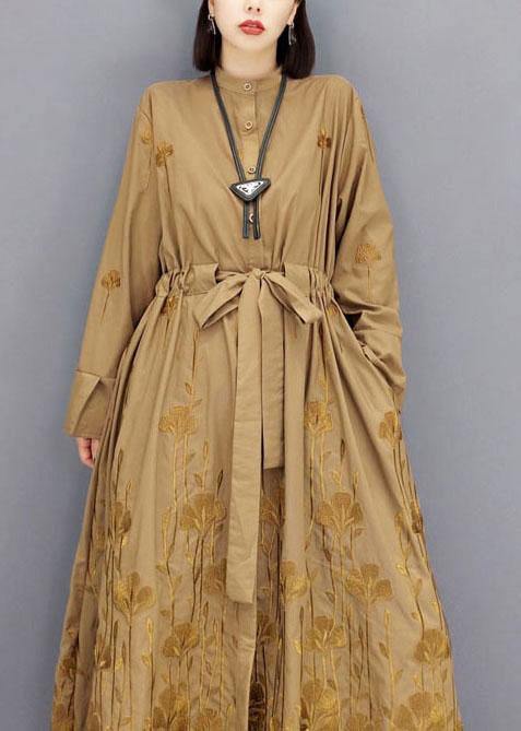 Classy Brown Pockets Tie Waist Embroideried Fall Long Sleeve Long Dress - SooLinen