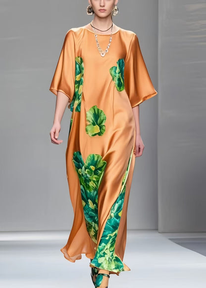 Classy Brown Print Draping Silk Maxi Dresses Half Sleeve