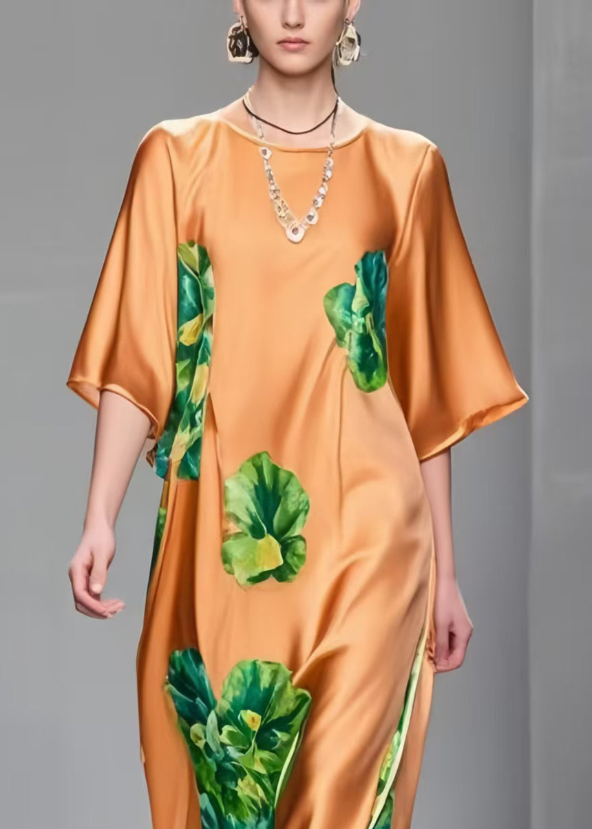 Classy Brown Print Draping Silk Maxi Dresses Half Sleeve