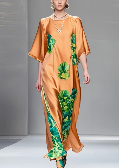 Classy Brown Print Draping Silk Maxi Dresses Half Sleeve