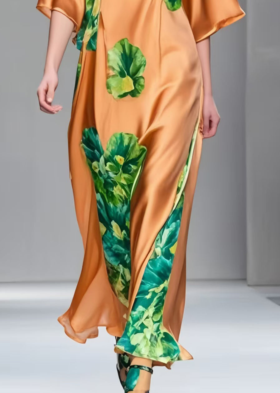 Classy Brown Print Draping Silk Maxi Dresses Half Sleeve