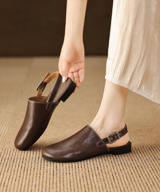 Classy Brown Sheepskin Flat Sandals Splicing Buckle Strap