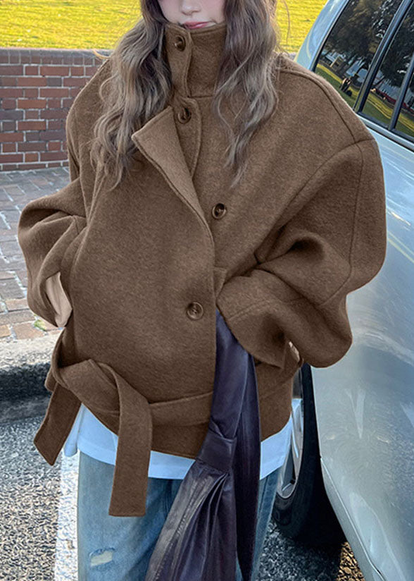 Classy Brown Stand Collar Pockets Woolen Coats Long Sleeve