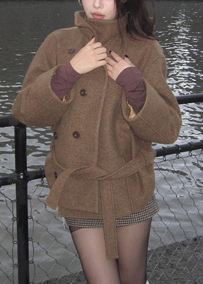 Classy Brown Stand Collar Pockets Woolen Coats Long Sleeve