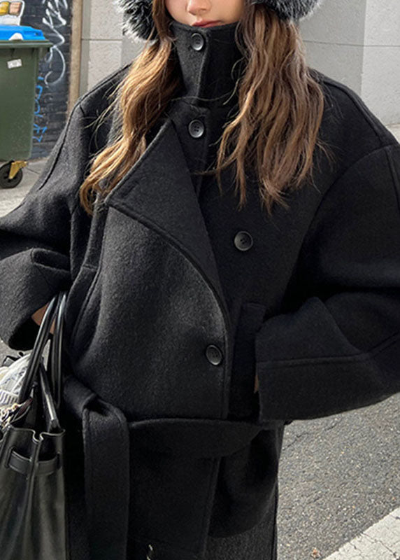 Classy Brown Stand Collar Pockets Woolen Coats Long Sleeve