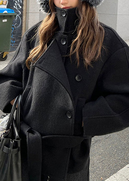 Classy Brown Stand Collar Pockets Woolen Coats Long Sleeve