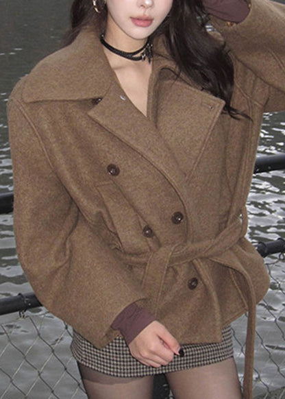 Classy Brown Stand Collar Pockets Woolen Coats Long Sleeve