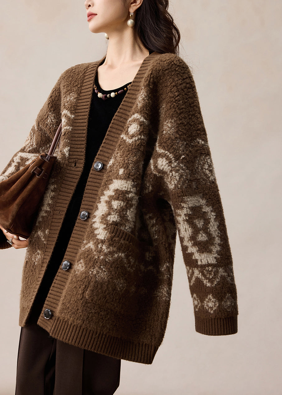 Classy Brown V Neck Jacquard Button Woolen Cardigan Winter