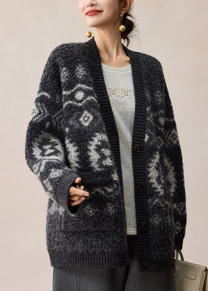 Classy Brown V Neck Jacquard Button Woolen Cardigan Winter