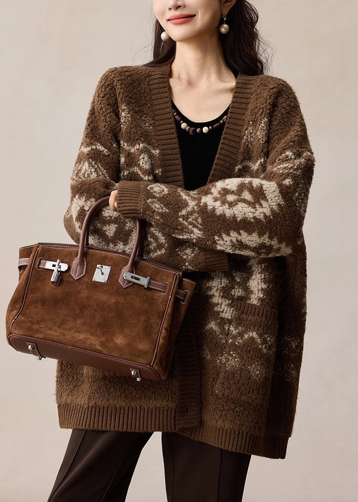 Classy Brown V Neck Jacquard Button Woolen Cardigan Winter