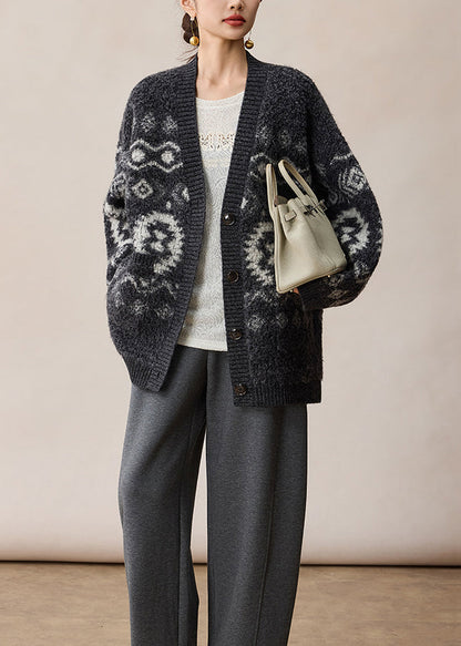 Classy Brown V Neck Jacquard Button Woolen Cardigan Winter