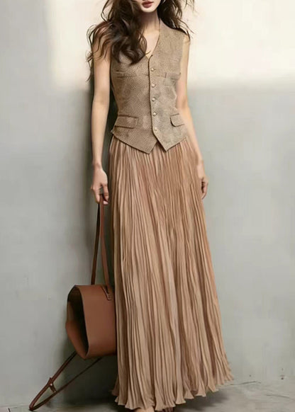 Classy Brown Waistcoat Top And Wrinkled Skirts Two Pieces Set Sleeveless