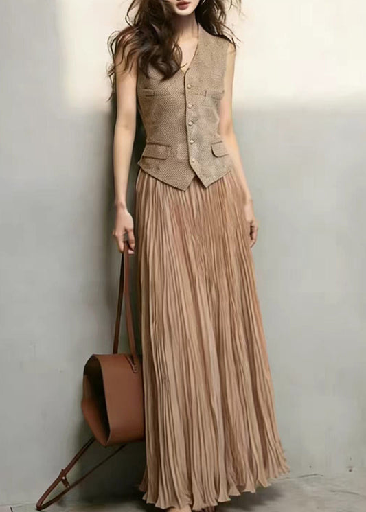 Classy Brown Waistcoat Top And Wrinkled Skirts Two Pieces Set Sleeveless